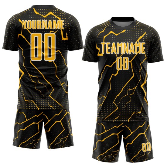 Gold-White Lightning Soccer Custom Uniform Black Sublimation Jersey Sports Gold-White Lightning Soccer Custom Uniform Black Sublimation Jersey Sports