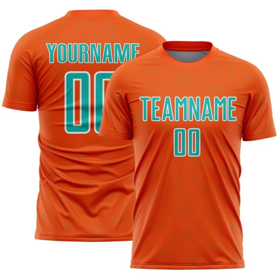 Custom Orange Uniform Sublimation Soccer Jersey Geometric Sports Shape Aqua-White Custom Orange Uniform Sublimation Soccer Jersey Geometric Sports Shape Aqua-White